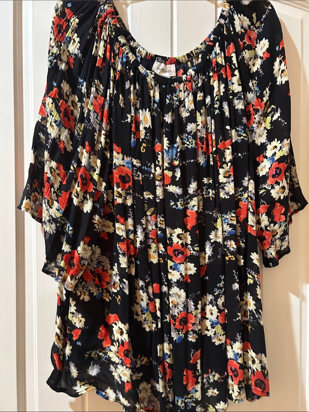 Classic Black Floral Off-Shoulder Tunic with Red & Cream Flowers